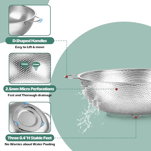 Leonyo Stainless Steel Colander Strainer for Kitchen Set of 3(1-3-5Quart) | Micro-Perforated Metal Strainers and Colanders with Handle for Kitchen Draining Pasta Rinsing,Steaming,Dishwasher Safe