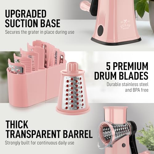 Zulay Kitchen Rotary Cheese Grater 5 Blade Cheese Shredder - Manual Hand Crank Cheese Grater With Reinforced Suction & 5 Interchangeable Drums - Easy to Use, Vegetable Chopper Round Mandoline Slicer - color: Peach & Black
