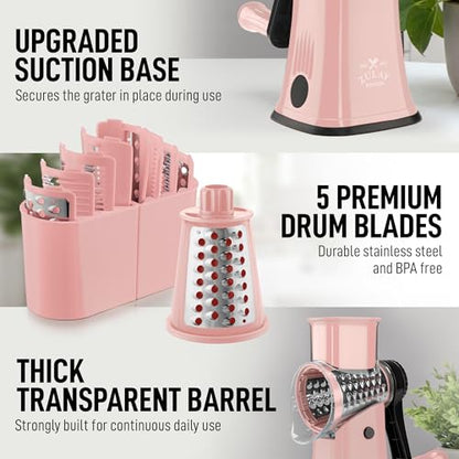 Zulay Kitchen Rotary Cheese Grater 5 Blade Cheese Shredder - Manual Hand Crank Cheese Grater With Reinforced Suction & 5 Interchangeable Drums - Easy to Use, Vegetable Chopper Round Mandoline Slicer - color: Peach & Black
