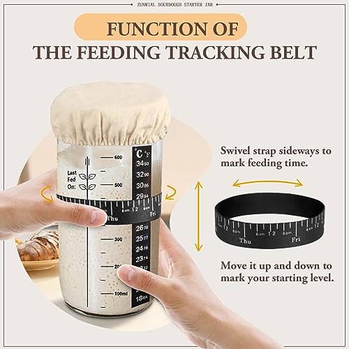 zunmial Sourdough Starter Jar, 24 oz Sourdough Starter Kit with Date Marked Feeding Band, Thermometer, Cloth Cover & Metal Lid, Reusable Sourdough Bread Baking Supplies, Home Baking Supplies