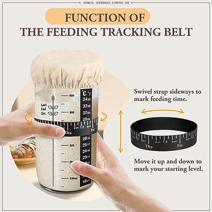 zunmial Sourdough Starter Jar, 24 oz Sourdough Starter Kit with Date Marked Feeding Band, Thermometer, Cloth Cover & Metal Lid, Reusable Sourdough Bread Baking Supplies, Home Baking Supplies