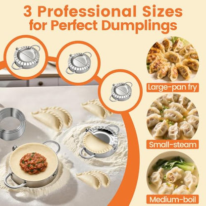 3-in-1 Stainless Steel Dumpling Maker Set - 3 Sizes with Cutters & Scoop | 3", 3.4", 3.8" sizes. Dishwasher-safe. Non-stick, no rust. Asian, empanada, pierogi. - size: small