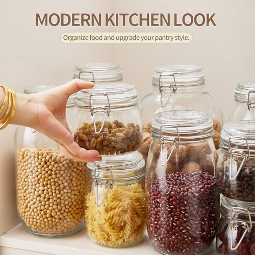 ODBCYWM 34oz Glass Food Storage Jars with Airtight Lids, Set of 4 – Clear Preserving Seal Wire Clip Fastening Canisters for Kitchen Canning, Flour, Cereal, Pasta, Sugar, Beans, Pickling Jars (34oz*4) - size: 34oz*4