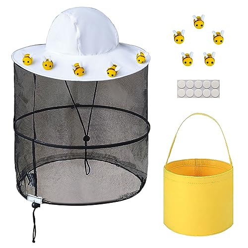17pcs Beekeeper Set Includes1pc Beekeeper Veil Hat 5pcs Wool Felt Bees 10pcs Round Double Sided Tape 1pc Yellow Felt Bucket for Bee Keeper Catcher Halloween Costume for Adult