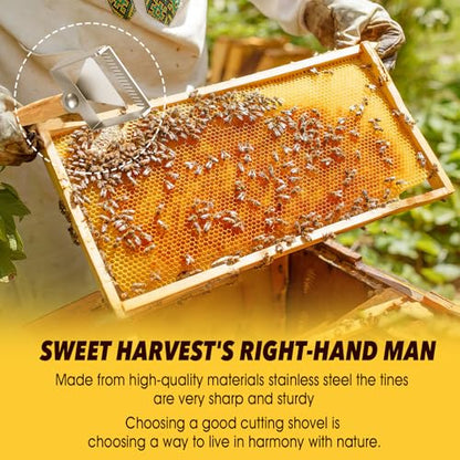 2-in-1 Honey Uncapping Fork & Scraper Tool Stainless Steel Beekeeping Equipment with Wooden Handle Adjustable Tine Spacing for Bee Hive Honeycomb Harvesting