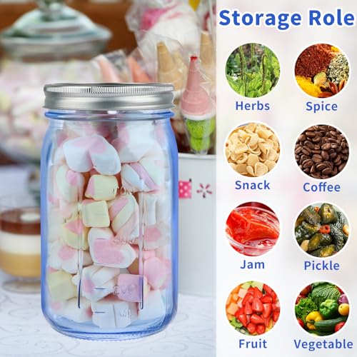 CARBLIN 4 Pack Mason Jars 32 oz, Blue Wide Mouth Canning Jars with Airtight Lids, Glass Pint Jars with Bands Labels Brush, Large Storage Quart Jars for Jam Fermenting Preserving - color: Blue