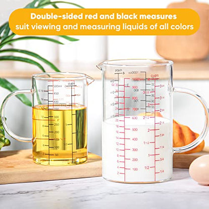 77L High Borosilicate Glass Measuring Cup with Handle, [Double-Sided Measuring Scale, V-Shaped Spout, Insulated handle], Glass Measuring Cup with Three Scales (OZ, Cup, ML) for Liquid (500 ML) - size: 2 Cup (500 ml)