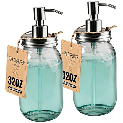 Amolliar Quart Size Mason Jar Liquid Soap Dispenser, 32OZ Glass Pump Bottle Rustproof Stainless Steel Pump Lid Lotion Dispenser, Regular Mouth Dish Soap Dispenser for Bath, Hand Soap, Silver 2 Pack - color: Silve, size: 2 Pack