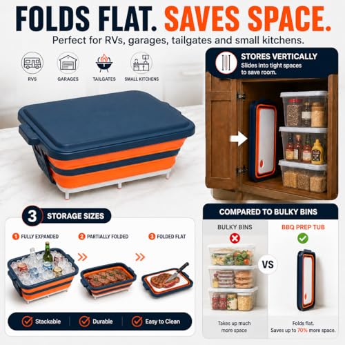 Collapsible BBQ Prep Tub with Convertible Cutting Board Design & Serving Lid – XL Brine Container & Meat Prep System for Brisket, Smoking, Grilling, Camping & Tailgating