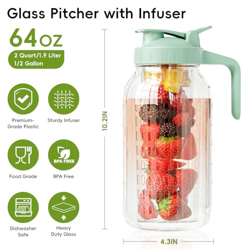 JunVpic Glass Mason Jar Pitcher, 64oz (2 Quart) Wide Mouth Jug with Dual Leak-Proof Pour Spout, Handle Lid for Fruit Drinks, Cold Brew Coffee, Ice Beverage, Iced Juice, Lemonade, Sun Tea Container - color: Light Green, size: 64 Ounces