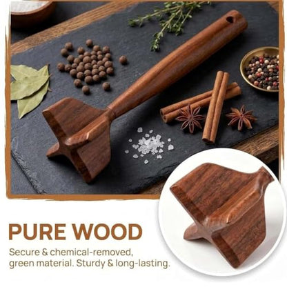 Teak Wooden Meat Masher Chopper, Wood Meat Chopper and Hamburger Smasher Tool, Chicken Shredder Tool, 10.5 Inch Heat-Resistant Non-Scratch Wooden Meat Masher (1Pc)