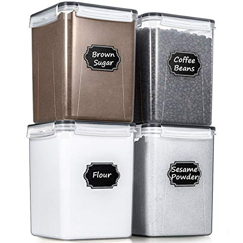Wildone Large Food Storage Containers 5.2L /175oz, 4 Piece BPA Free Plastic Airtight Food Storage Containers for Flour, Sugar, Baking Supplies, Kitchen & Pantry Containers with 20 Labels - color: Black, size: ['5.2L']