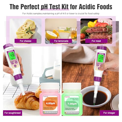pH Meter Food Digital Electronic pH Tester for Fermentation 3 * 50ml pH Buffer Calibration Solution Kits Hot Sauce Food Tester Probe for Cheese Sourdough pH Temperature pH Test Strips for Acidity