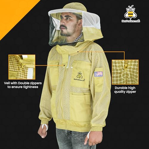 3-Layer Ventilated Mesh Bee Jacket for Men & Women with Veils Sting-Proof Beekeeping Jacket with Leather Gloves & Bag - color: Brown Round Veil, size: Small