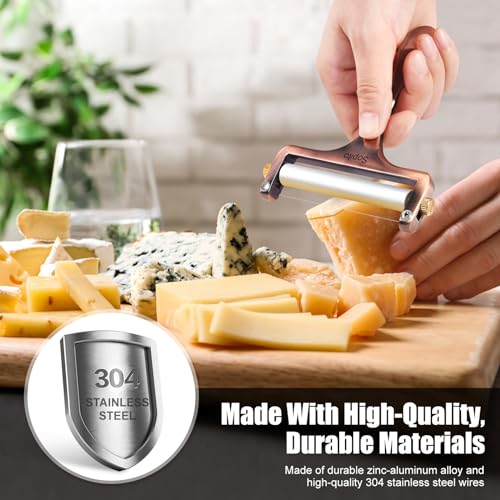 Sopito Cheese Slicer Stainless Steel with 3 Extra Wires Great for Cheddar, Gruyere, Raclette, Mozzarella Cheese Block, Adjustable Thickness, Copper - color: Copper