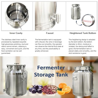 INTBUYING 9 Gal Wine Fermentation Tank 304 Stainless Steel Beer Brewing Fermentation Tanks with Exhaust Pipe Sealing Lock Fastener for Beer Wine Yogurt Milk Juice - size: 9gal