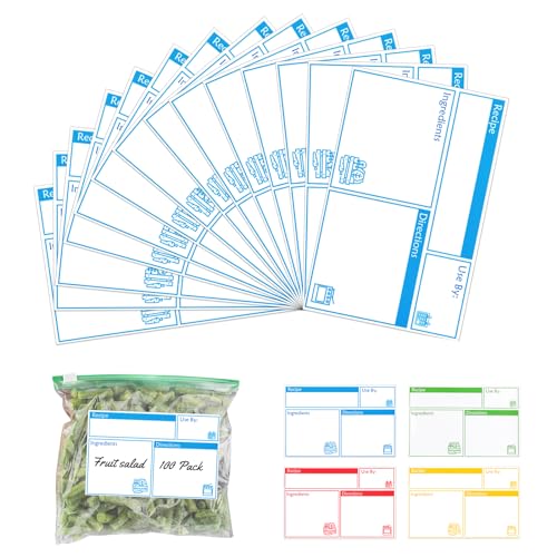 100pcs Labels for Freezer Bags Freezer Meal Labels with Instructions 3.2 X 5 inch Oil and Water Resistant Labels Food Labels for Freezer Storage for Leftovers in Fridge Removable Freezer (Blue) - color: Blue