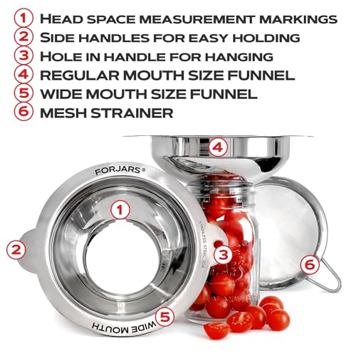 FORJARS Canning Funnel Set - with Strainer for Wide and Regular Mason Jars and Food Funnels for Transferring Oils - Durable, Small, Stainless Steel Kitchen Funnel Set - Canning Supplies Kit