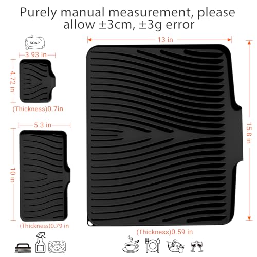 Silicone Dish Drying Mat for Kitchen Countertop, 15.8"x13" Extra Large Non-Slip Drain Pad with Built-in Drainage, Heat Resistant Dishwasher Safe, Black