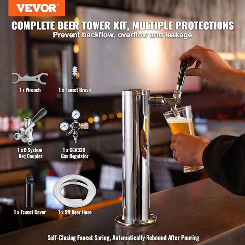 VEVOR Kegerator Tower Kit, Single Tap Beer Conversion Kit, Stainless Steel Keg Beer Tower Dispenser with Dual Gauge CGA320 Regulator & D-System Keg Coupler, Self-Closing Spring for Party Bar Home - style: Single Faucet Beer Tower