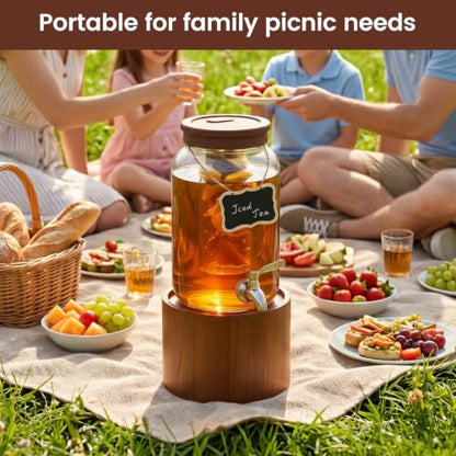 1 Gallon Glass Drink Dispenser for Parties, Beverage Dispenser with Wooden Stand, Silicone Lid and Stainless Steel Spigot, Ideal for Lemonade, Juice, Sun Tea, and Party Drinks