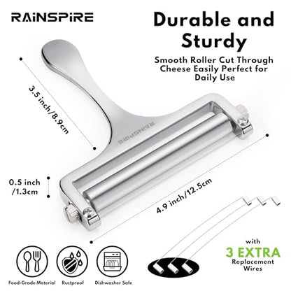 Rainspire Upgraded Cheese Slicer with Replaceable Wires Stainless Steel Cheese Slicers for Block Cheese Adjustable Cheese Cutter for Mozzarella, Cheddar, Gruyere Charcuterie Accessories, Silver - color: Silver