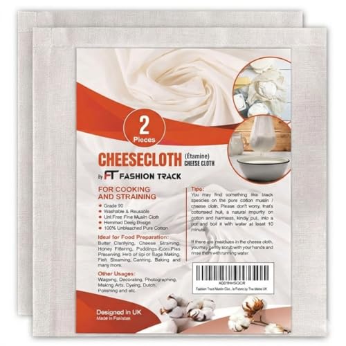 Fashion Track Cheese Cloths, 2 Pieces Grade 100 Hemmed Cheese Cloth Fabric Reusable Strainer 20x20 Inch, 100% Cotton Unbleached Muslin Cheesecloth for Straining, Kitchen, Cold Brew Coffee and Baking - size: Pack of 2