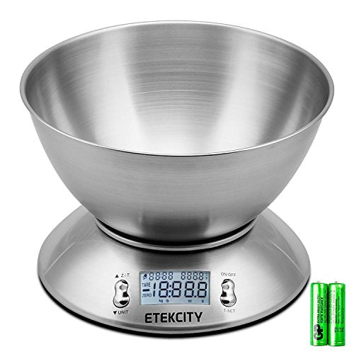 Etekcity Food Kitchen Scale with Bowl, Digital Weight Scale for Food Ounces and Grams, Cooking and Baking, Timer, and Temperature Sensor, 2.06 QT, Stainless Steel - color: Stainless Steel-Silver, size: 11lb
