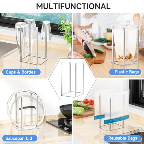 Water Bottle Drying Rack, Stainless Steel Bottle Dryer Rack, Baby Bottles Rack Dryer, Cup Drying Rack, Reusable Bag Drying Stand, Kitchen Stand Holder for Glass Bottles, Plastic Bag (Silver)