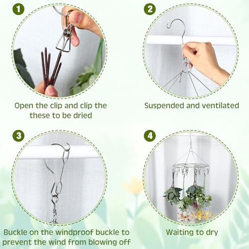 Bokon 4 Pcs Hanging Drying Rack for Herb Macrame Flower with Stainless Clip Dryer Hook for Drying Herb Air Plants Spices Flower Hydroponic Plant Ready to Use with Ceiling Hook(Round) - style: Round