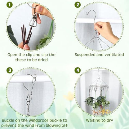 Bokon 4 Pcs Hanging Drying Rack for Herb Macrame Flower with Stainless Clip Dryer Hook for Drying Herb Air Plants Spices Flower Hydroponic Plant Ready to Use with Ceiling Hook(Round) - style: Round