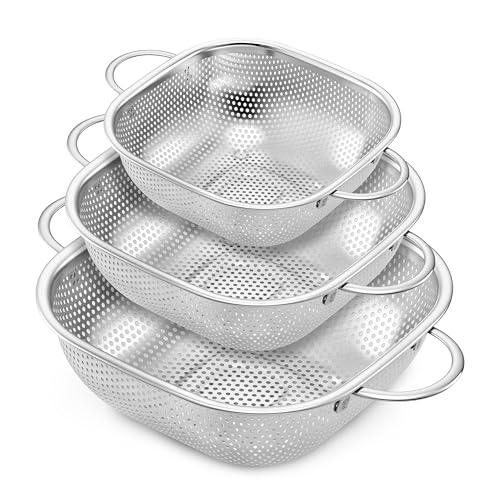 E-far 3 Pack Colander for Kitchen, Square Stainless Steel Metal Strainer Colander with Handle for Draining Food Pasta Vegetable, Micro-Perforated & Elevated Feet, Dishwasher Safe(2.4/4/6QT) - size: 2.4/4/6QT