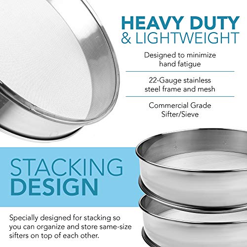 Vollum Stainless Steel Flour Sifter Fine Mesh Round Flour Sieve for Baking 9.5" Diameter x 2.5" High; 20 Mesh (Hole Size 0.85mm) - size: 9.5" Dia. x 2.5" High