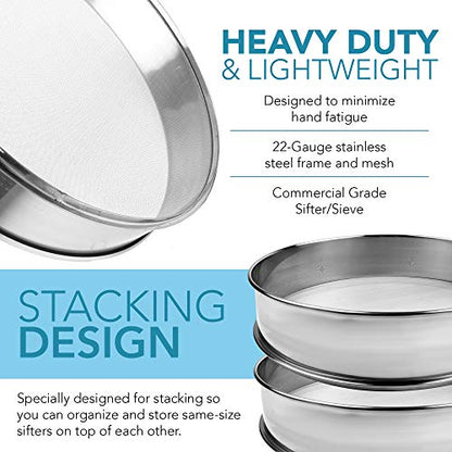 Vollum Stainless Steel Flour Sifter Fine Mesh Round Flour Sieve for Baking 16.5" Diameter x 2.88" High; 20 Mesh (Hole Size 0.85mm) - size: 16.5" Dia. x 2.88" High