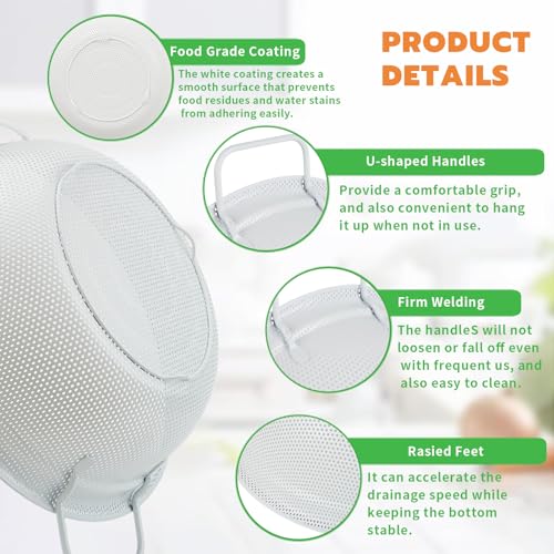Colander Set with White Coating, Stainless Steel Micro-Perforated Colanders Strainers for Draining Rinsing Washing, Ideal for Vegetables Fruits, Heavy Duty & Dishwasher Safe - color: White