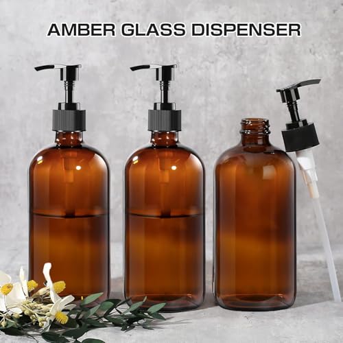 12 Pack 8 oz Amber Glass Bottles with Pumps for Essential Oils, Cleaning Products, Lotions, Aromatherapy Oil, Pump Bottles, Refillable Containers with Cap, Funnel, 12 Chalk Labels, 1 Pen - size: 8 oz Amber 12Pack