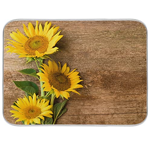 Absorbent Dish Drying Mat for Kitchen Counter - Yellow Sunflower Country Style Microfiber Drying Pad, Reversible Drainer Mats for Countertop, Medium 16 x 18 inch - color: 10 Yellow Wood Board Sunflower, size: M