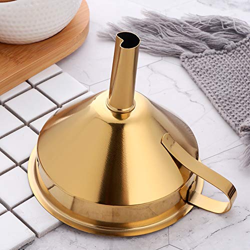 Stainless Steel Wide Mouth Funnels with Detachable Strainer, 5-inch Funnel for Filling Small Bottles and Jars, Cooking Oil and Transmission Liquid and Powder, Food Grade Metal Kitchen Funnels Gold - color: Gold