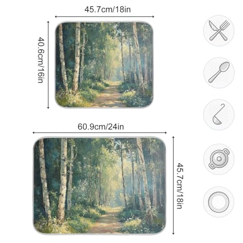 Birch Trees Path Dish Drying Mat for Kitchen Counter Super Absorbent Draining Mat with Non-slip Backed Drainer Mat for Dish Bottles Cups Bowl Draining Racks Countertops Sinks