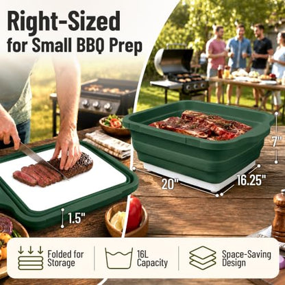 BBQ Prep Tub 3-IN-1 Large 16L Collapsible Cutting Board with Locking Lid for Meal Prep Marinating Food, Camping Sink with Colander, Dish Basin, Storage Blanket for Camping Picnic BBQ, Green - color: Green 16L