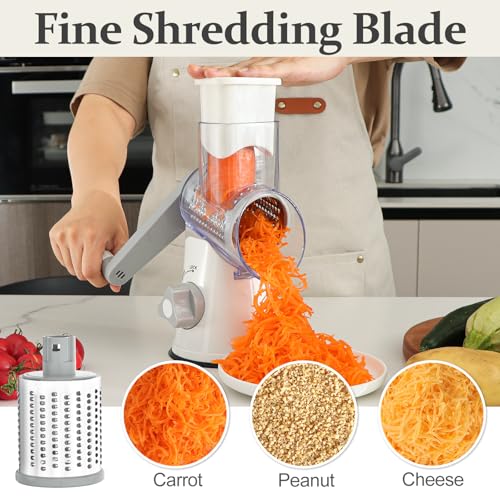 Cambom Rotary Cheese Grater Hand Crank Cheese Shredder for Fresh Cheese, Vegetable, Nuts,Non-slip Suction Base, Five Blades, White - color: White, size: 5 BLADES