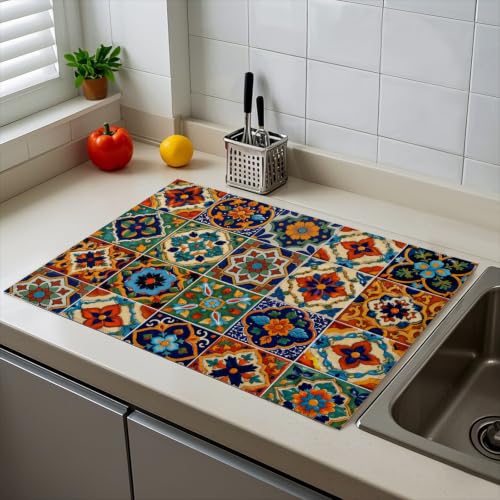 Absorbent Kitchen Dish Drying Mat Quick Dry Heat Resistant Hide Stain for Glasses Coffee Espresso Machines Pots Pans and Dish Racks,18" x 24" Bohemia Talavera Mexican Tiles Pattern - color: Bohemia Talavera Mexican Tiles