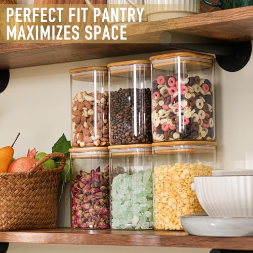D2scrma 37oz Airtight Glass Square Storage Canisters with Bamboo Lid Set of 6 (1100ml) Stackable Containers, Kitchen Jars for Pantry Noodles, Flour and Coffee beans (‎with Black Lable) - size: 37oz*6
