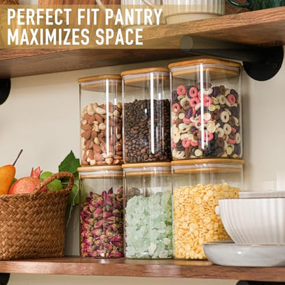 D2scrma 37oz Airtight Glass Square Storage Canister with Bamboo Lid Set of 4 (1100ml) Container Stackable Jar, Kitchen Canister for Pantry Noodles, Flour and Coffee beans (‎with Black Lable) - size: 37oz*4