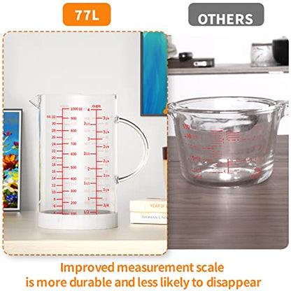 77L Glass Measuring Cup, 2-Cup/500 ML Liquid Measuring Cups, Measuring Cup With Handle and V-Shaped Spout, Glass Beaker with Three Scales (OZ, Cup, ML), Dishwasher/Freezer/Microwave Safe - size: 2 Cup / 500 mL