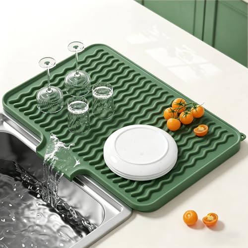 Rnivvi Silicone Dish Drying Mat for Kitchen Counter, 16 x 12" Dish Rack Mat with Drainage Spout, Non-Slip Countertop Protector Heat Resistant Trivet, Drainer Organizer for Home Kitchen Sink , Green - color: Green