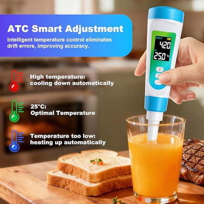 Food pH Meter for Semi-Solid & Liquid Foods, Food-Contact-Safe Housing, ±0.01 Accuracy, ATC, Waterproof, Color LCD, 3 Calibration Solutions Included