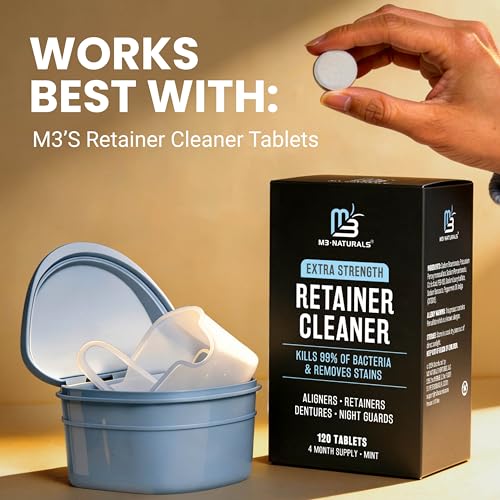 Denture Bath Case and Retainer Case, Denture Bath Cup for Invisalign Retainers Mouthguards Dentures Cleaner Kit with Strainer Spill-Free Portable Retainer Cleaner Case by M3 - size: 1 Count (Pack of 1)