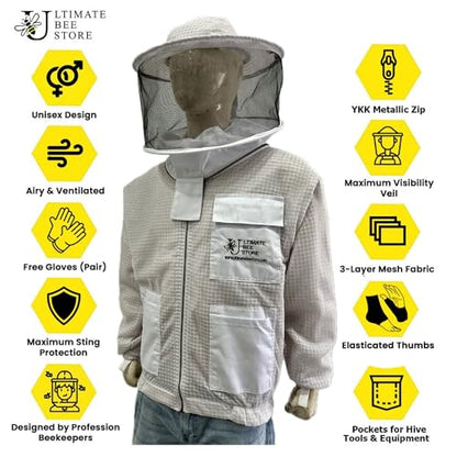 Highly Ventilated Beekeeping Jacket - 3 Layer Premium Protection for Men & Women with Pair of Gloves (White Round Veil, M) - color: White Round Veil, size: Medium