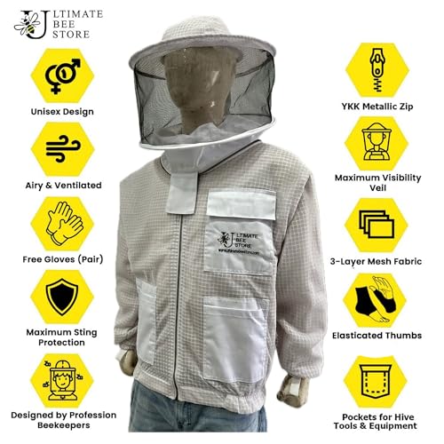 Highly Ventilated Beekeepers 3 Layer Premium Jacket - Fully Protective Apiarist Gear for Men & Women With Gloves (White Round Veil, Large) - color: White Round Veil, size: Large